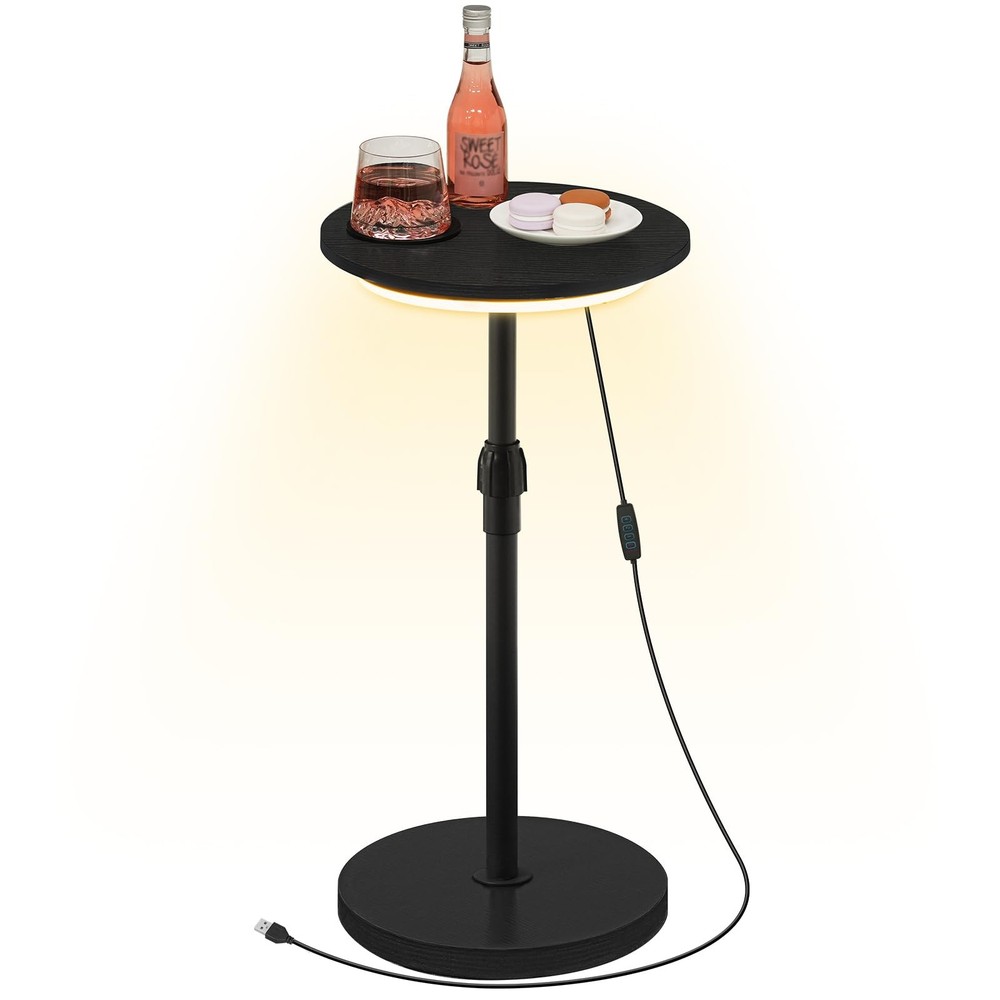 Small Side End Table, Round Drink Table, Adjustable-Height Martini Table with...