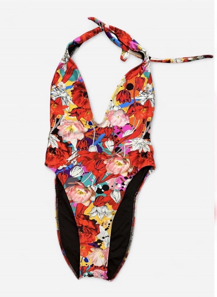 Mint Swim Floral Halter One Piece Swimsuit Multicolor Size L