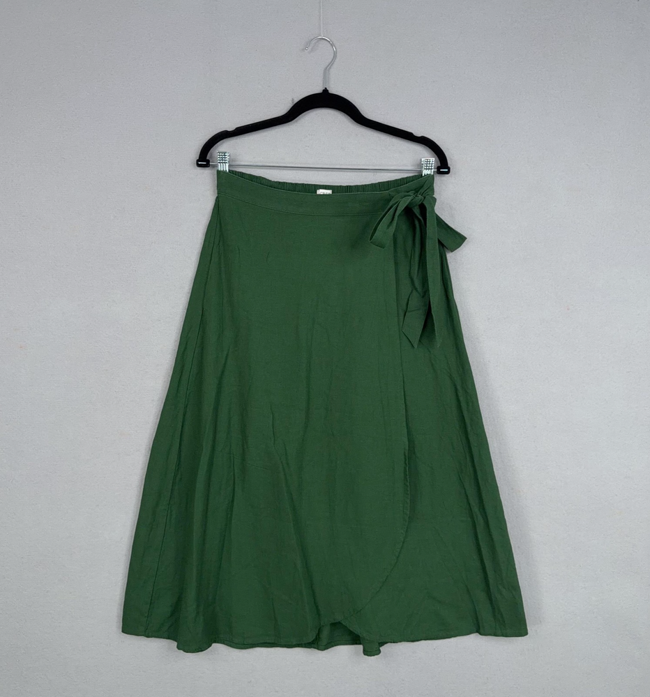 J Crew Skirt Womens Small Green Linen Blend Faux Wrap Midi Flare Bow Holiday
