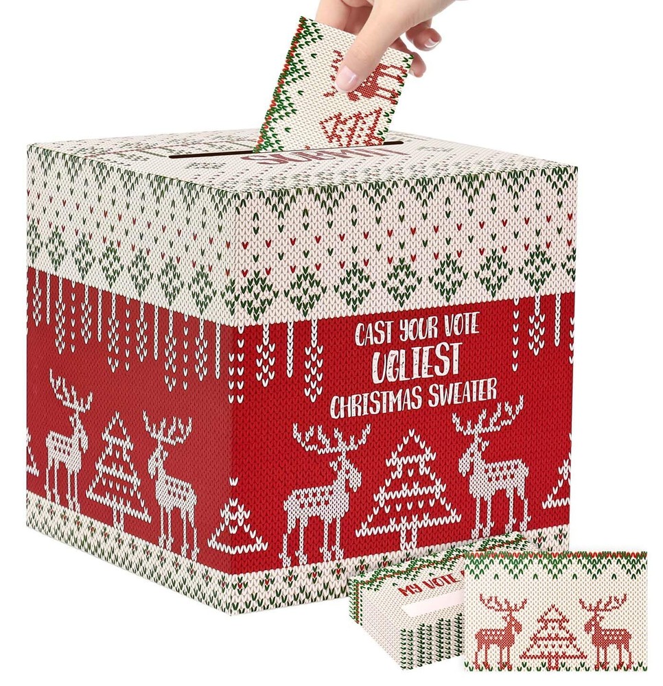 Ugly Sweater Contest Ballot Box Voting Box with 48 Voting Cards for Ugly Swea...