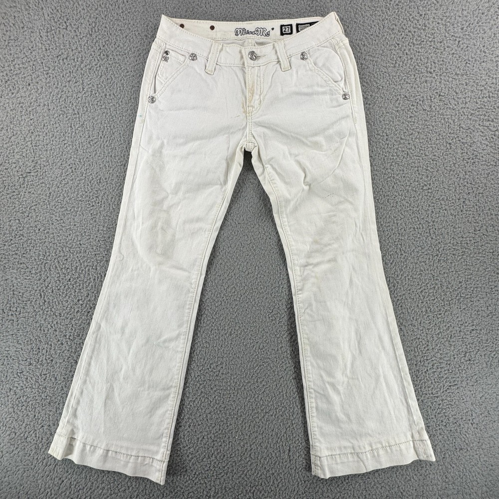 Miss Me Women's White Flare Jeans Size 27 with Rhinestone Embroidery Retro Y2K Style