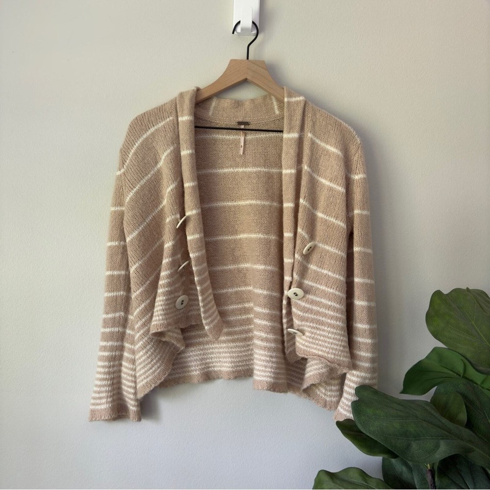 Free People Sparkle Striped Open Front Cardigan with Decorative Buttons High Low Knit Design