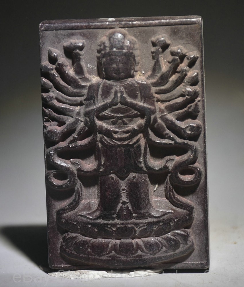 3.4 Inch Tibetan Black Meteorite 1000-Armed Avalokiteshvara Goddess Square Statue