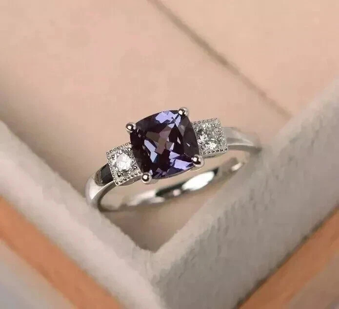 2.24 Ct Color Changing Natural Alexandrite Engagement Ring 14k White Gold Solid