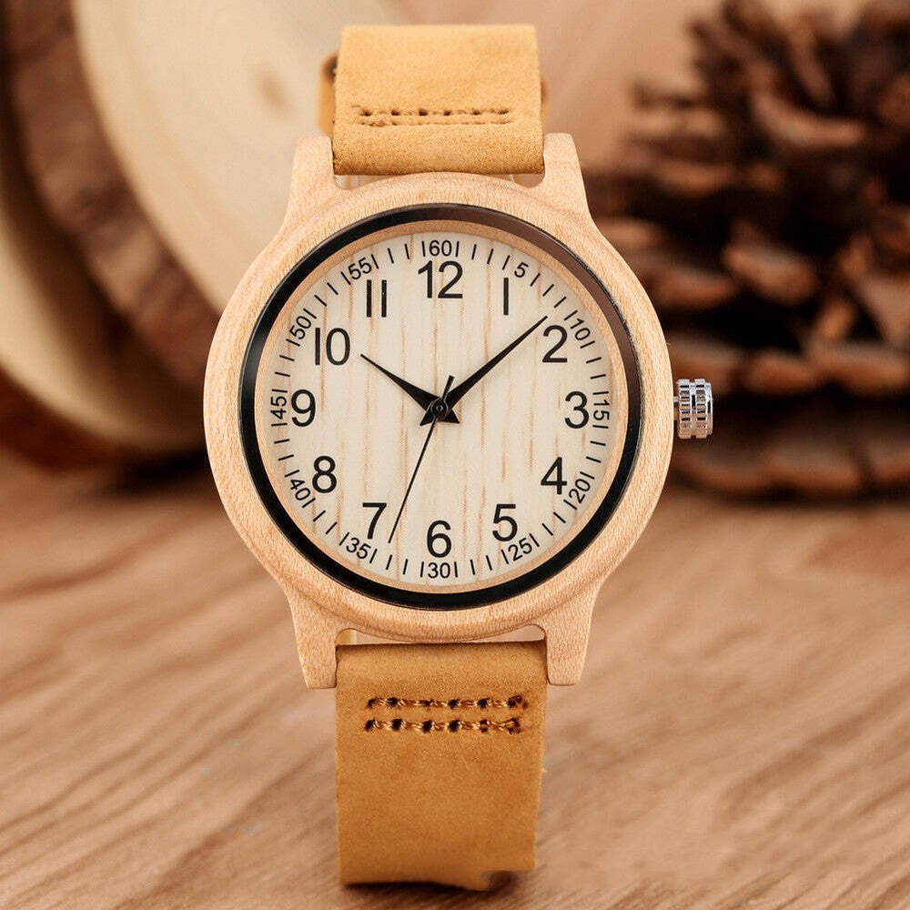 Bamboo Wood Watch with Leather Strap - Simple Digital Display for Women