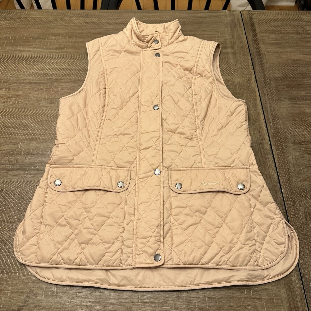 Barbour Otterburn Gilet Vest Womens 10 Pink Zip Up Snap Diamond Quilted Logo