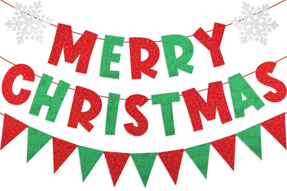 Merry Christmas Banner Red Green Glitter,Christmas Pennant Banner Triangle Fl...