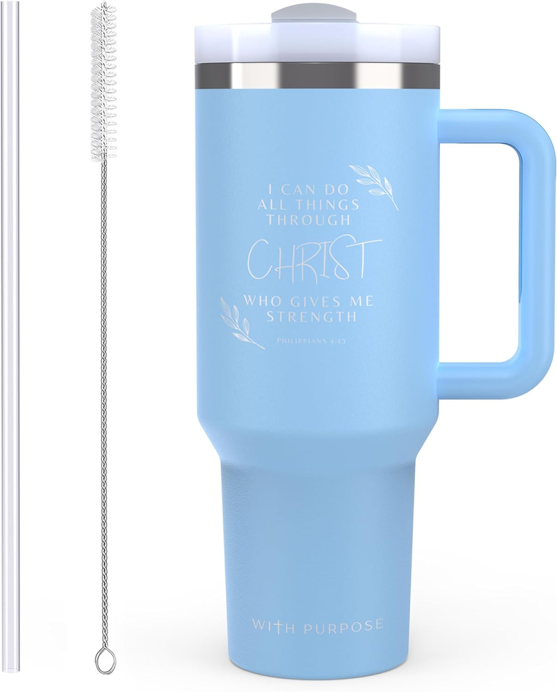 With Purpose Christian 40 Oz Tumbler Travel Cup with Handle and Lid | Stainless