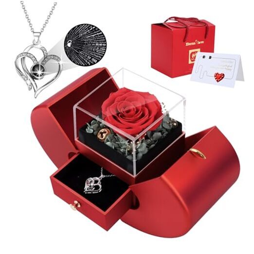 Preserved Rose Box with I Love You Necklace 100 Languages, Gifts for Red Pro
