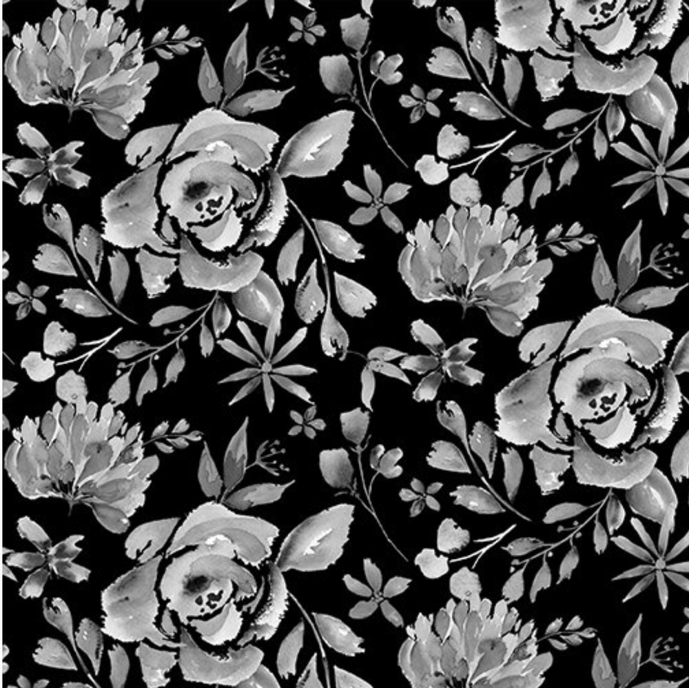 Henry Glass Misty Morning Watercolor Roses Black Gray Fabric Yardage