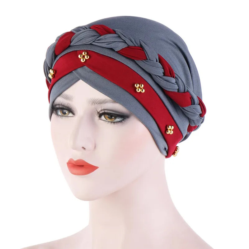 Head Scarf for muslim women Two-color cotton braid turban bonnet hijab Caps...