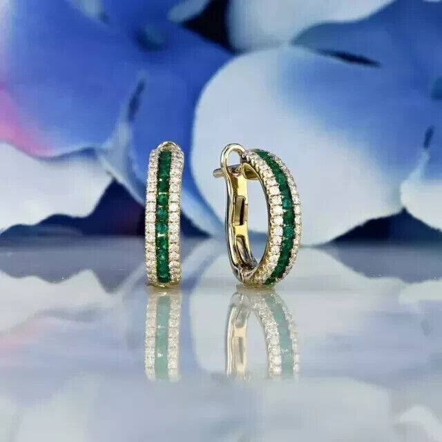 2Ct Round Cut Simulated Emerald Hoop Earrings in 14K Gold-Plated Silver