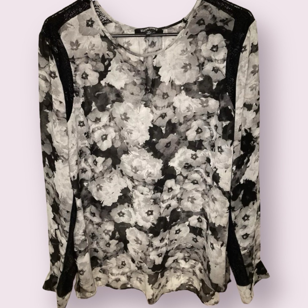 Ellen Tracy Women’s XL Floral Print Blouse, Black & Gray with Lace Accents
