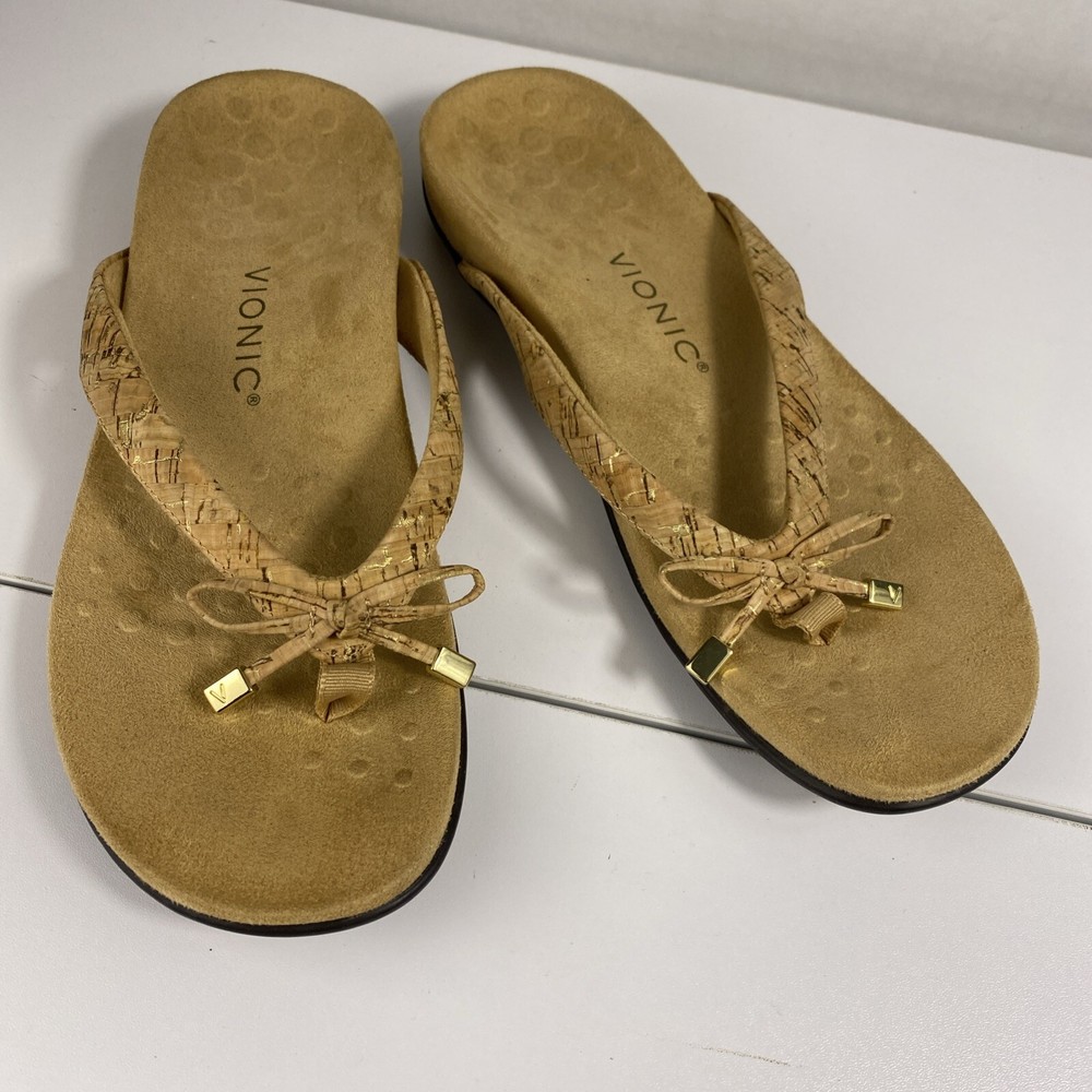 Vionic Flip Flops Thong Women’s 10 Sandals Tan Cork Bella Bow Comfort Shoes