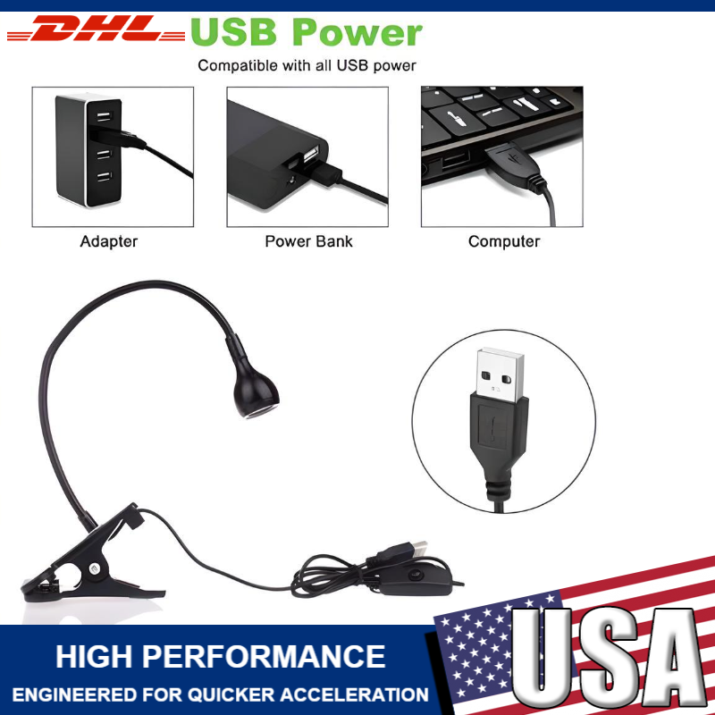 USB Reading Light Flexible LED Lamp Laptop Computer Clip On Bed Desk Table