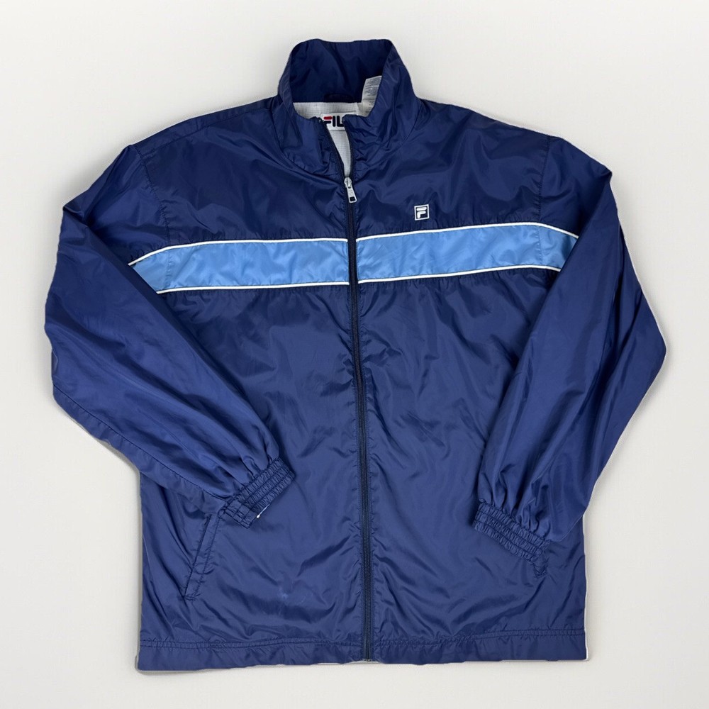 Vintage Y2K Fila Track Jacket Men's M Blue Grey Stripe Windbreaker Full Zip Logo