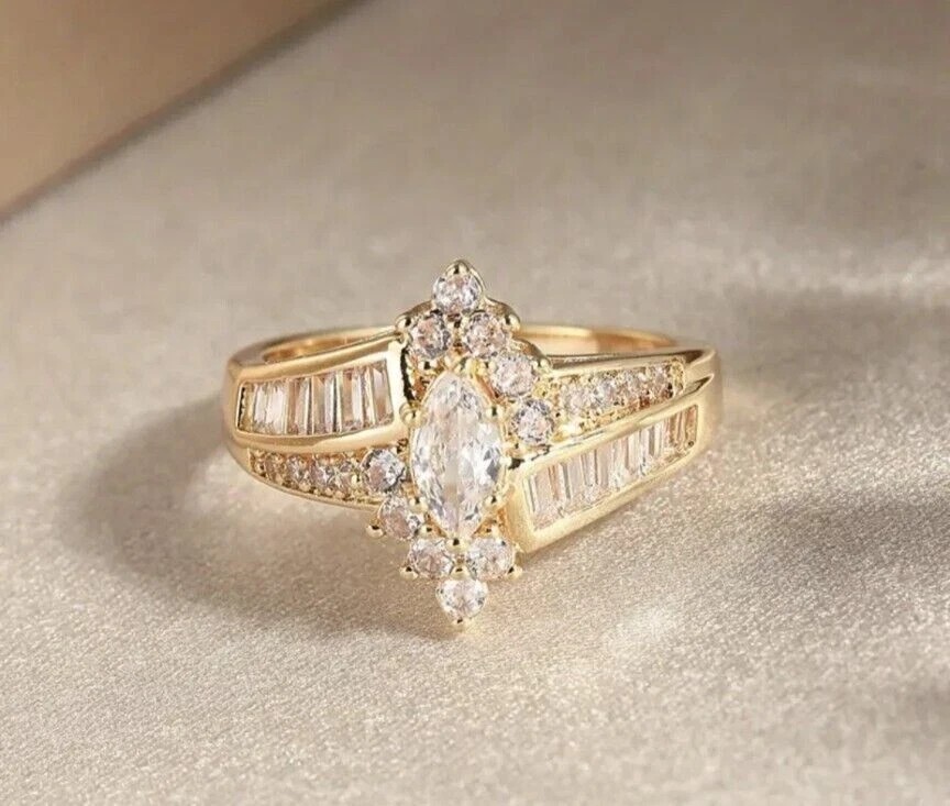 Stunning Wedding Ring 2Ct Marquise Cut Simulated Diamond 14K Yellow Gold Plated