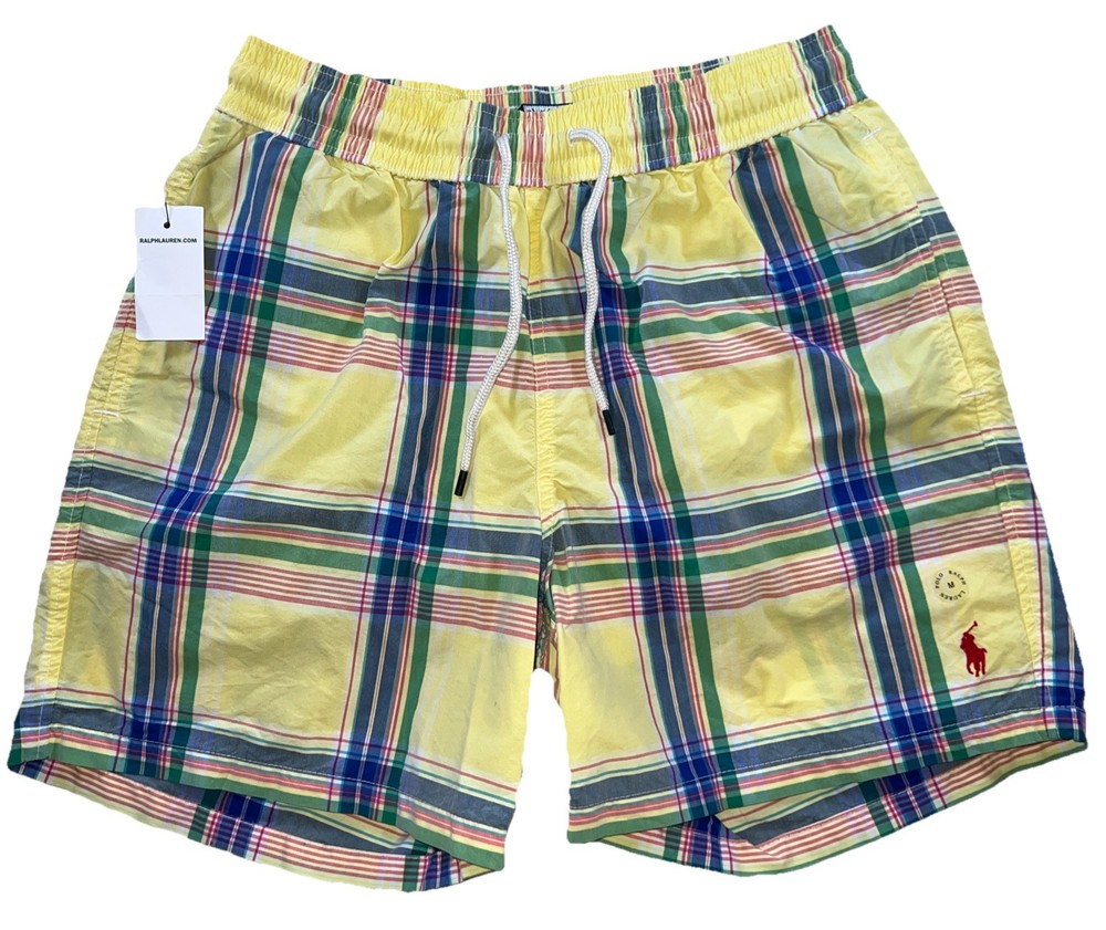 Polo Ralph Lauren Swim Trunks Shorts Mens Medium Yellow Plaid Lined New