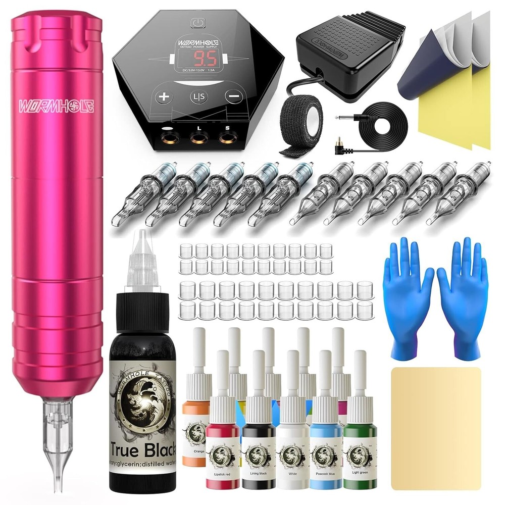 Wireless Tattoo Pen Machine Kit with Rotary Gun Needles Cartridge Ink Power Supply