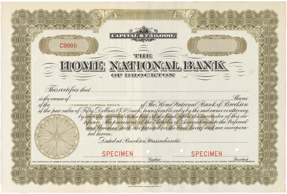 The Home National Bank of Brockton Stock Certificate Vintage Collectible