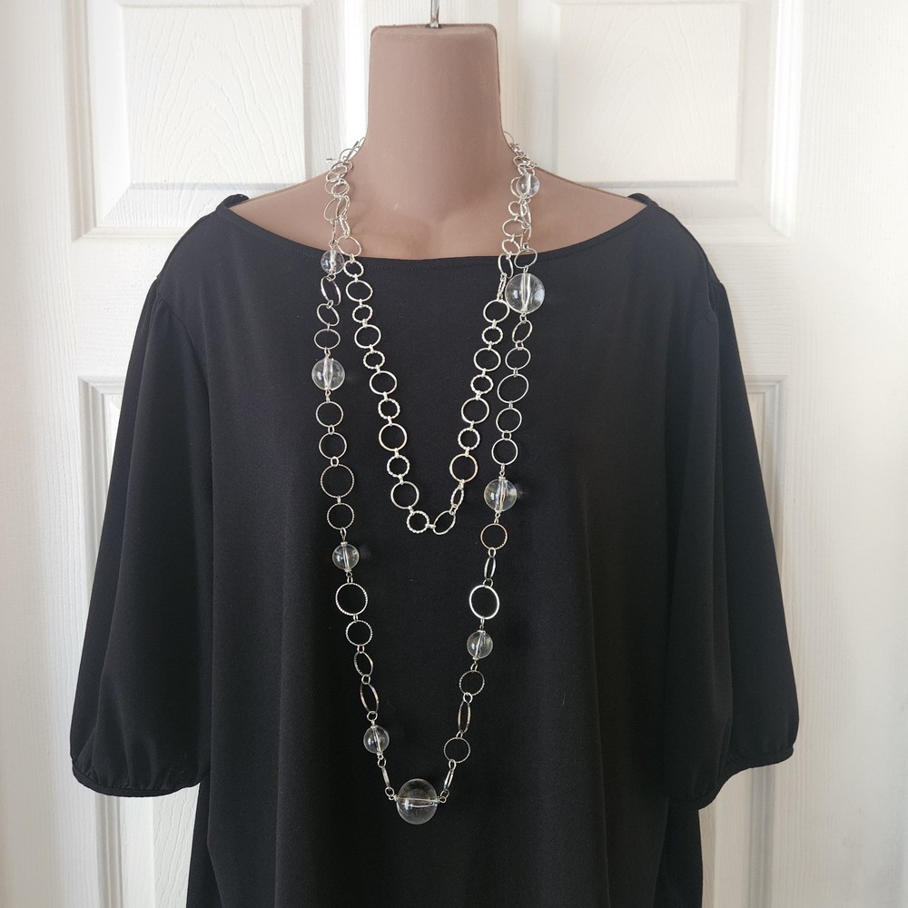 Two Ring Silver Tone Clear Marble Like Beads Necklace