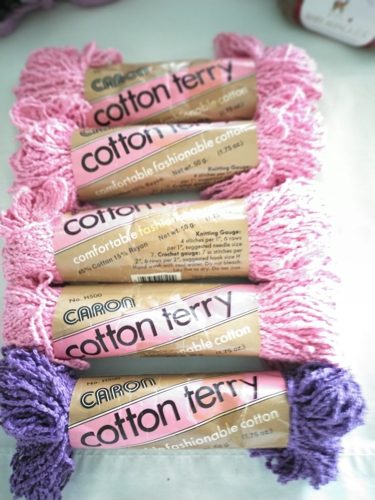 Caron Cotton Terry Yarn 5 Skeins - Geranium Pink & Purple for Knitting Crochet