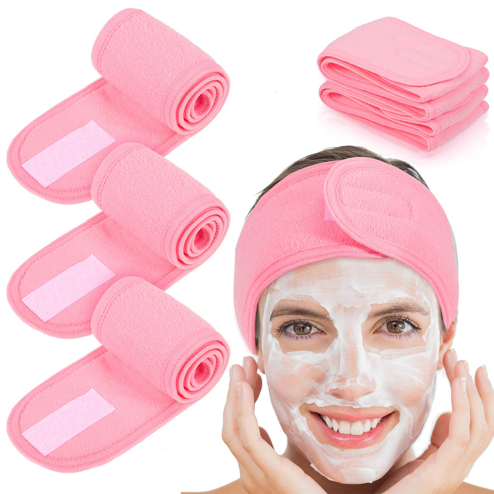 4 PCS Spa Headbands – Stretch Terry Cloth for Makeup, Yoga, Shower (Pink)
