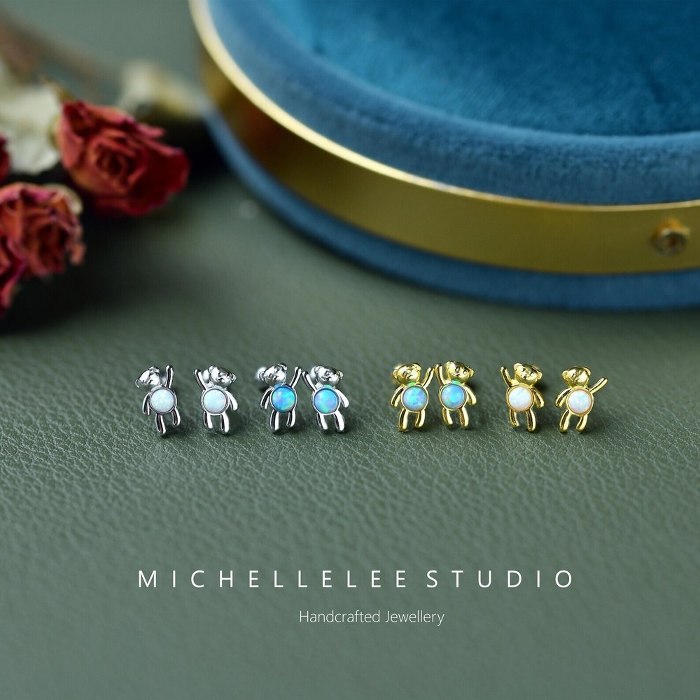 Tiny Bear Stud Earrings with Opal Bead, Bear Earrings with Screw Backs