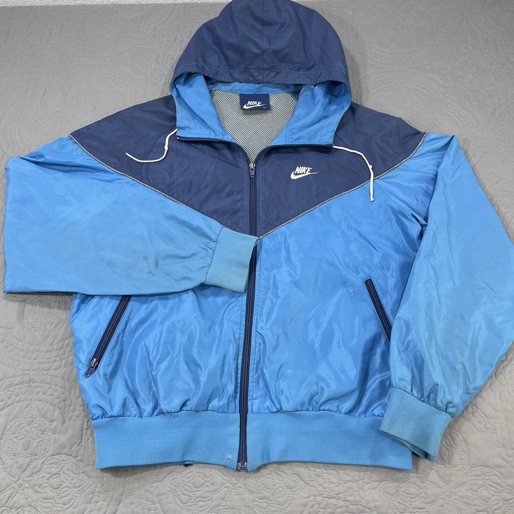Vintage 80s Nike Blue Full Zip Hooded Windbreaker Jacket Large Color Block Nylon