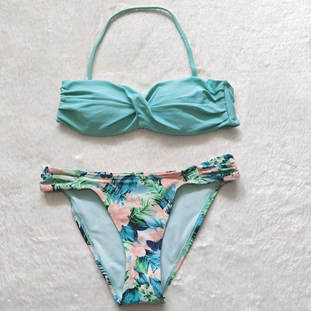 Forever 21 Small Aqua Blue Bandeau Floral Swimsuit Bikini Cheeky Swimwear Set