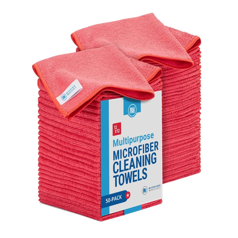 12x12 Inch Microfiber Cleaning Cloths 50 Pack - Reusable Washable Towels
