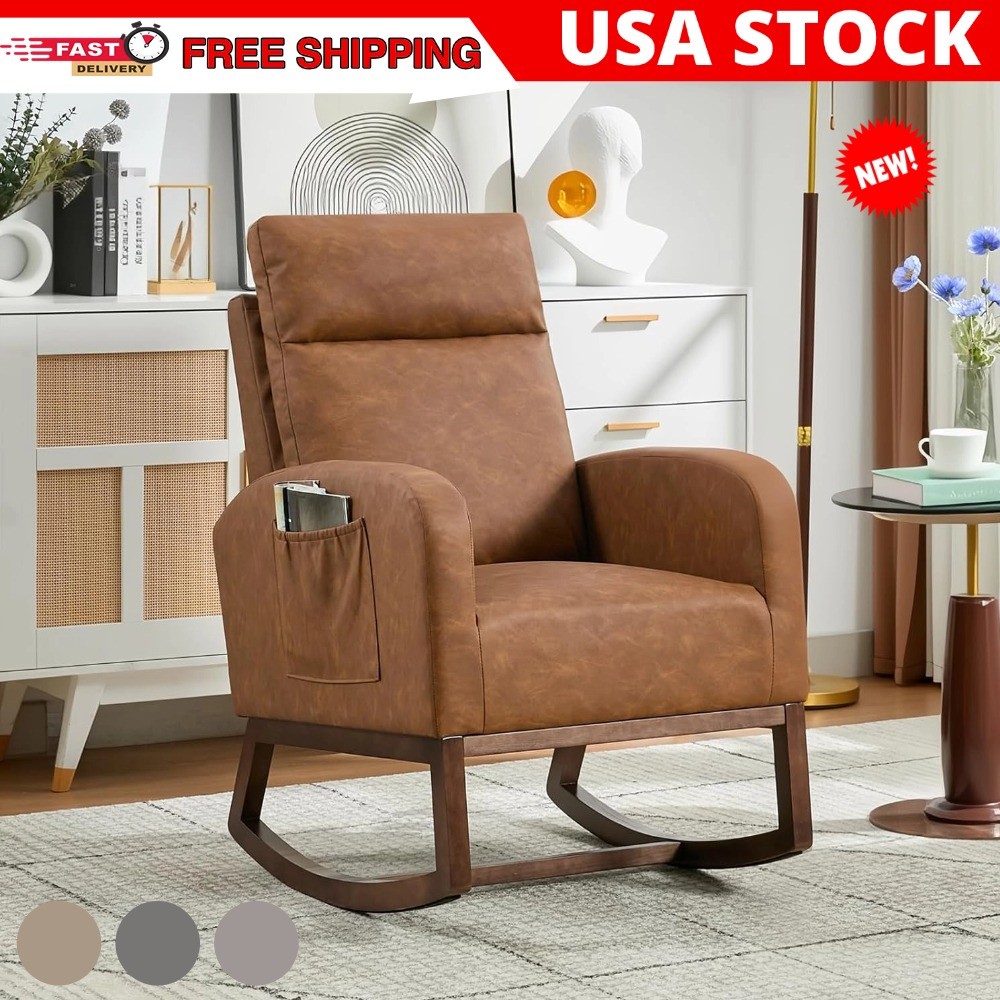 Wood Glider Rocking Chair High Back Lounge Rocker Armchair Chaise Lounge Seat US