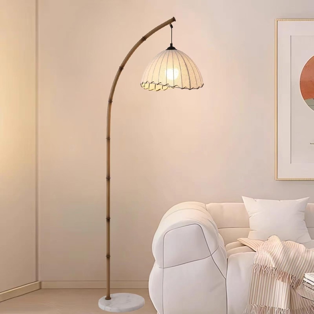 Bamboo Floor lamp Mid Century Rattan Retro Floor Light Bohemian Standing LED...