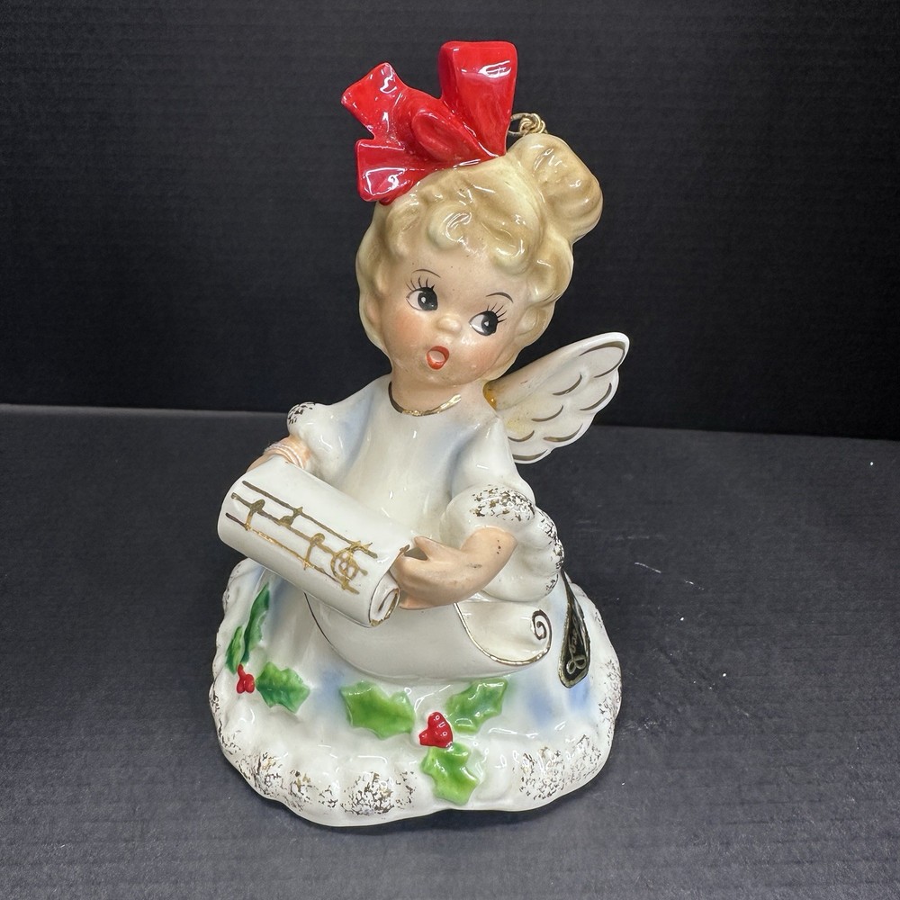 Vintage Josef Originals Japan Winged Christmas Angel Bell Holly  Figurine - Read