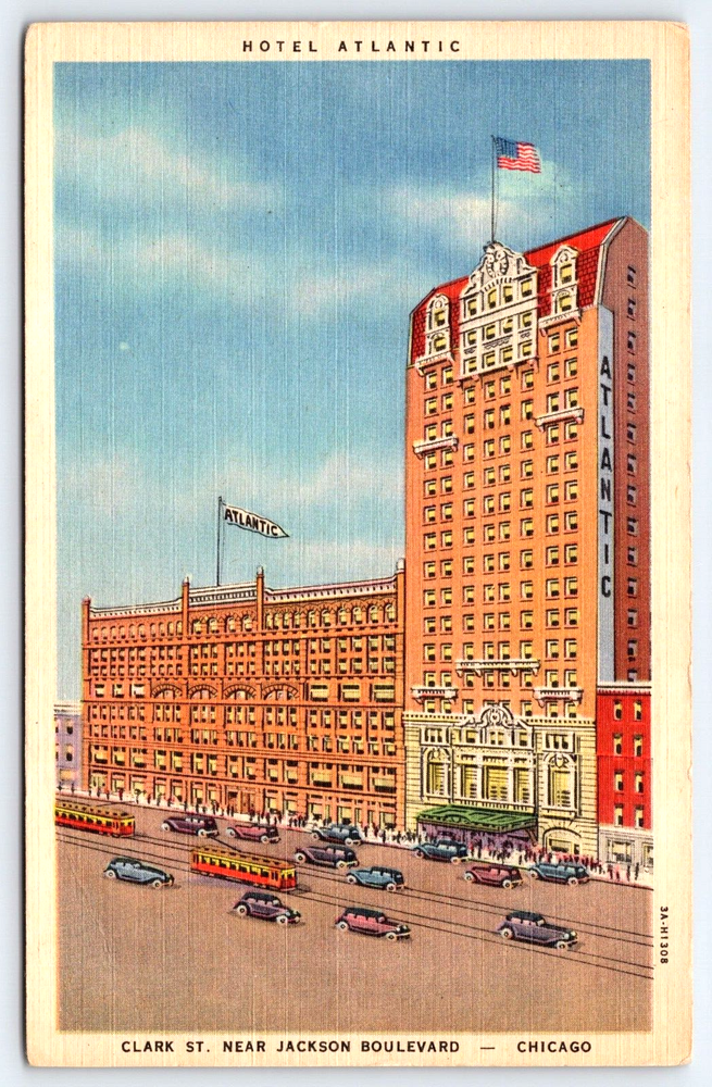 VINTAGE OLD ANTIQUE POSTCARD HOTEL ATLANTIC BUILDING CARS CHICAGO ILLINOIS USA