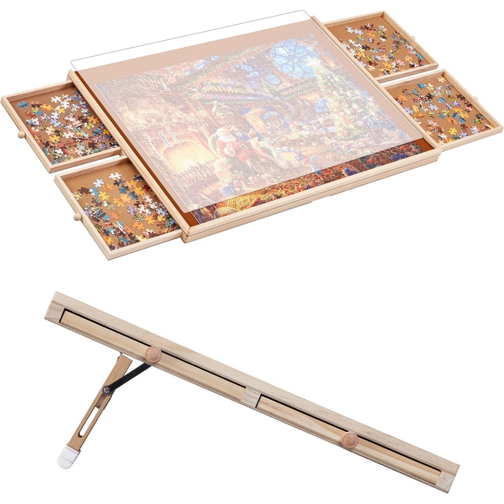 Jigsaw Puzzle Board Table with Drawers and Cover, 1000 Piece Wooden Puzzle Ea...