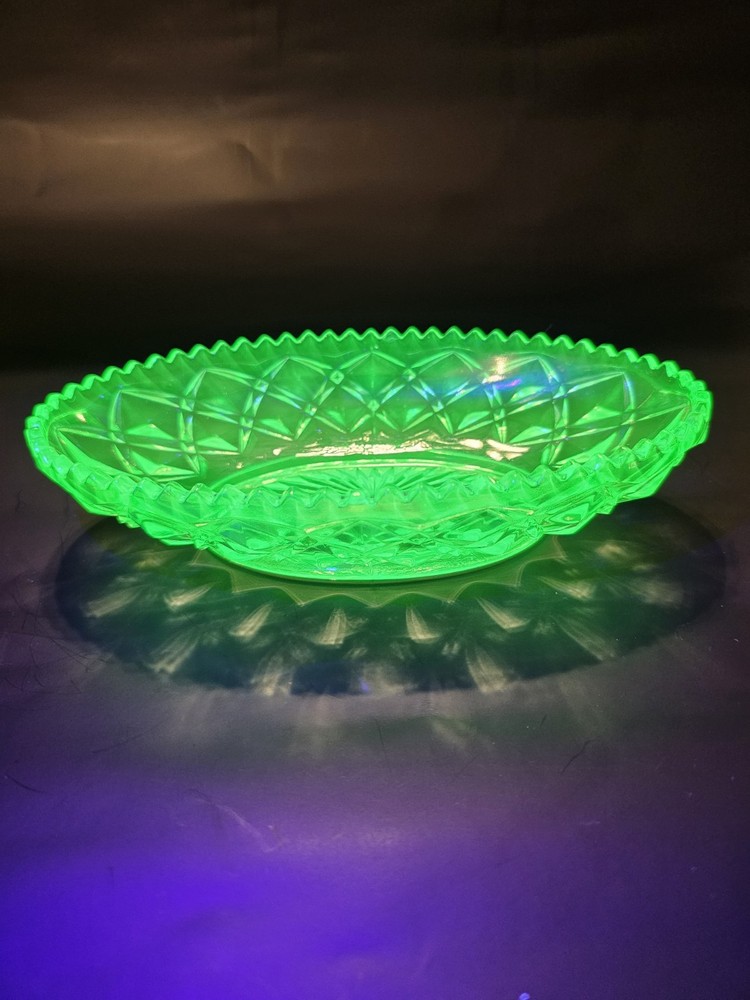 Antique Uranium Glass Diamond Block Little Jewel Oval Bowl  