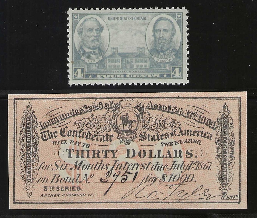 ORIGINAL CIVIL WAR 1864 $30 CONFEDERATE $1000 BOND COUPON + LEE / JACKSON STAMP-image
