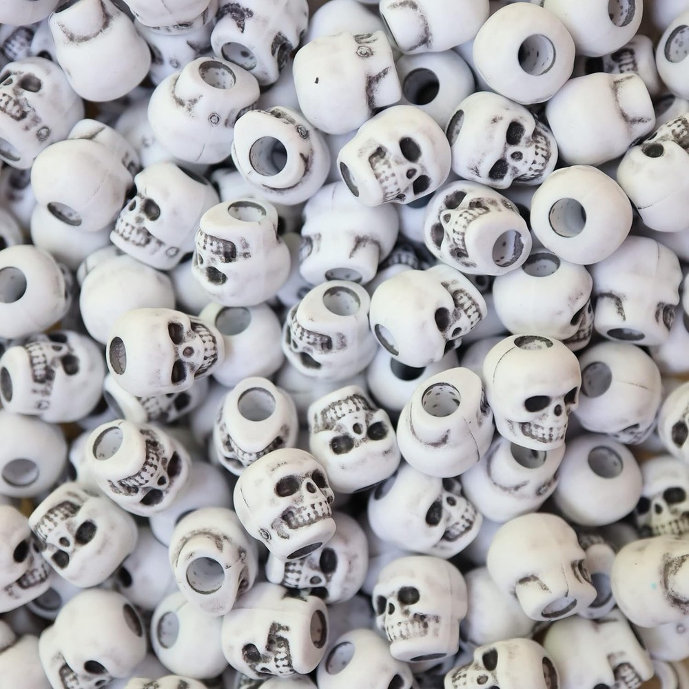 Skull Beads Bone White Antiqued Pony Beads USA Made Small
