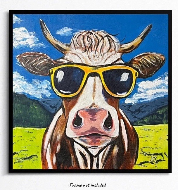 Blue Sky Cow Sunglasses Fun Whimsical VLP Original OOAK Acrylic 12x12” Canvas