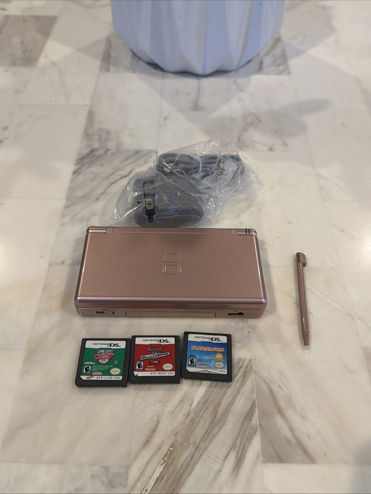 Metallic Rose Pink Nintendo DS Lite With Charger, Stylus And 3 Games Tested