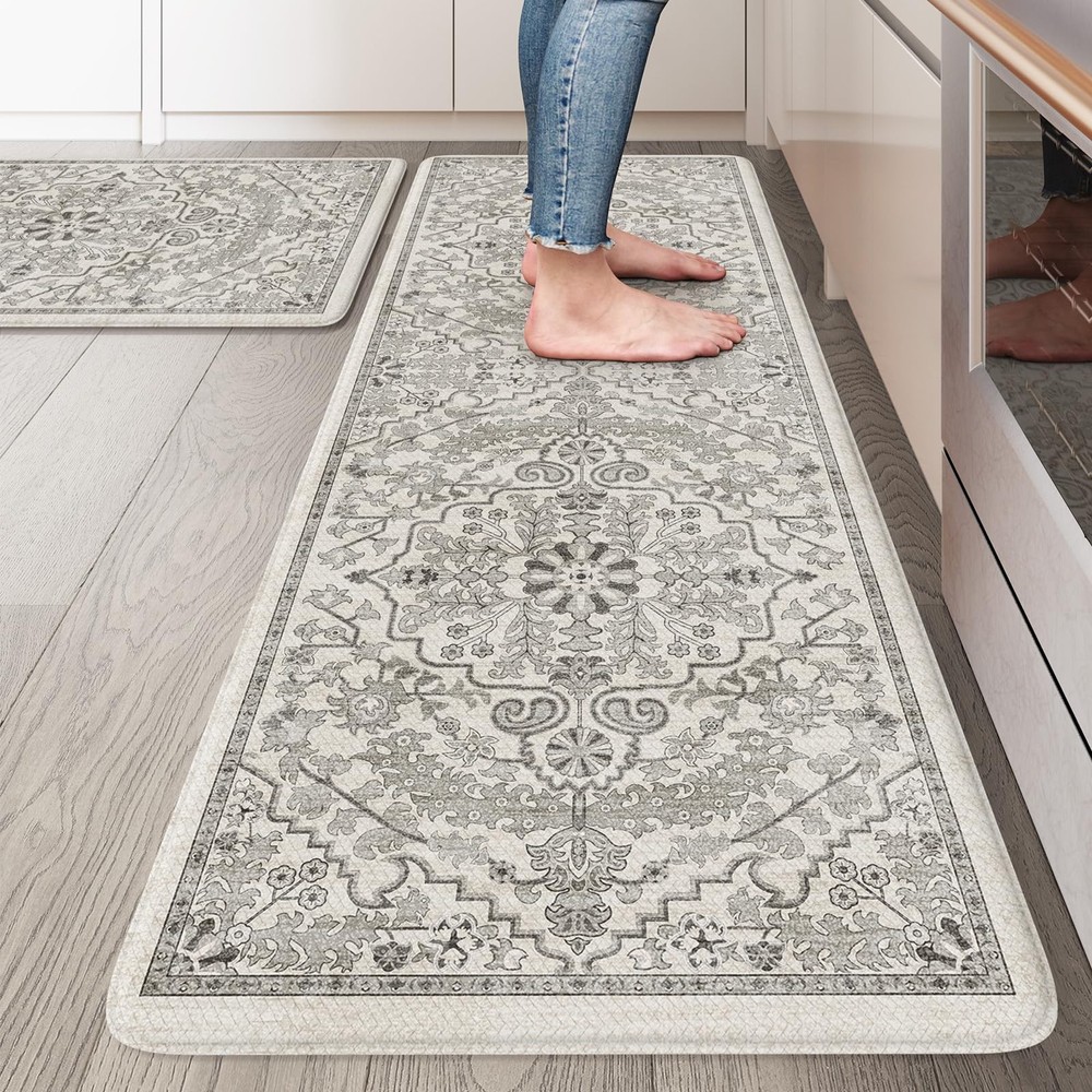 Cushioned Anti-Fatigue Kitchen Mats Set 20x47 & 20x32 Farmhouse Style Rugs