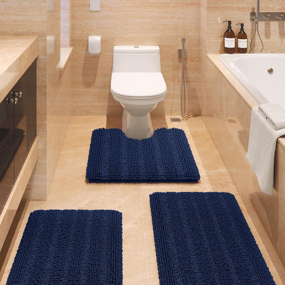 Navy Blue Striped Bathroom Rug Set 3-Piece Soft Non-Slip Chenille Toilet Mat