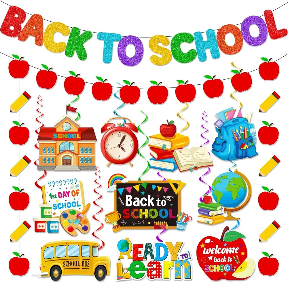 Back to School Decorations Banner,Back to School Banner and Apple Pencil Garland-image