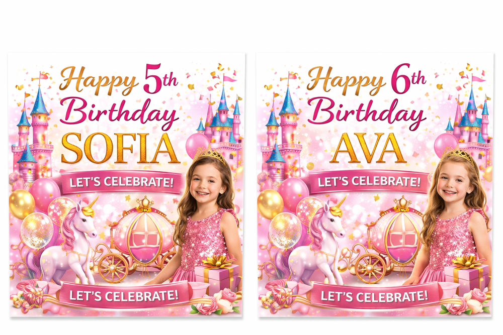 x2 Personalised Birthday Banner Princess Children Party Decoration Poster