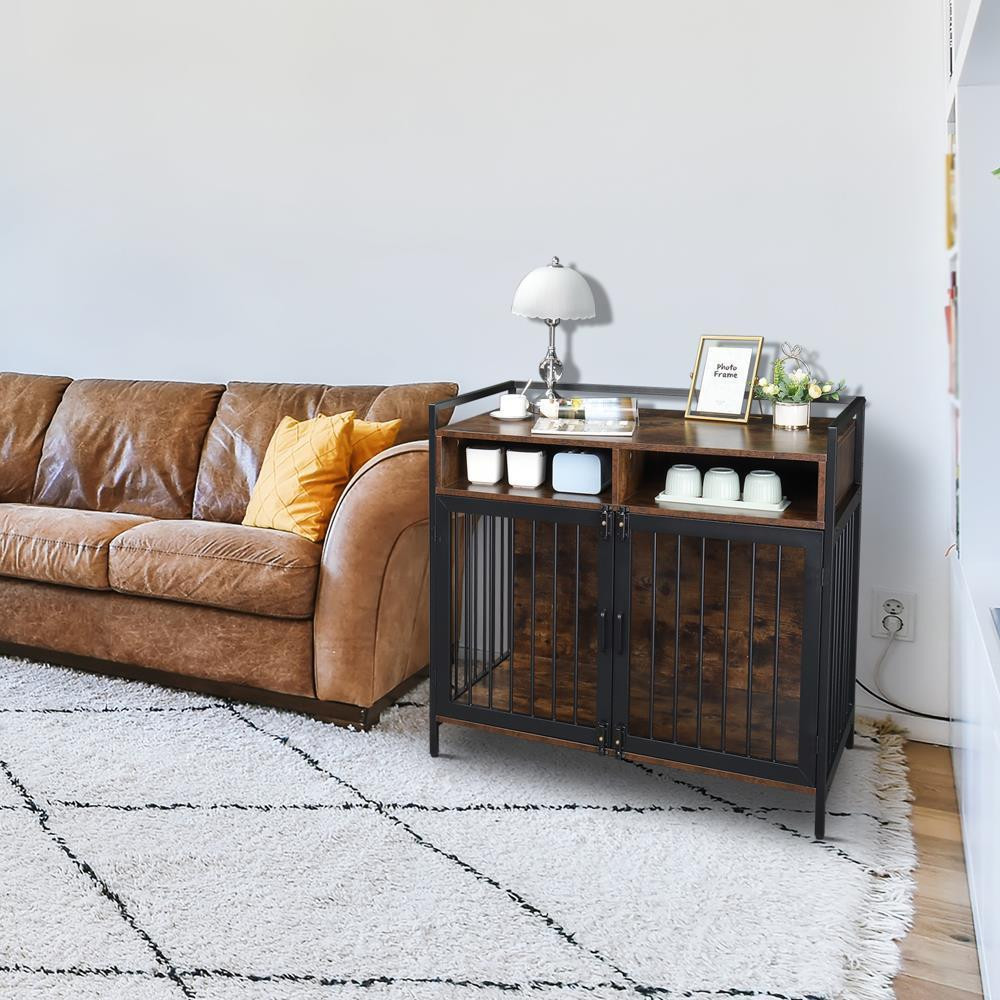 Heavy Duty Double Door Dog Crate with Wood Tabletop Pet Kennel End Table  -image