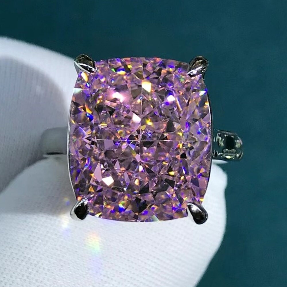 11 Carat Pink Cushion Cut 4 Claw Cathedral Basket Solitaire 14K Moissanite Ring