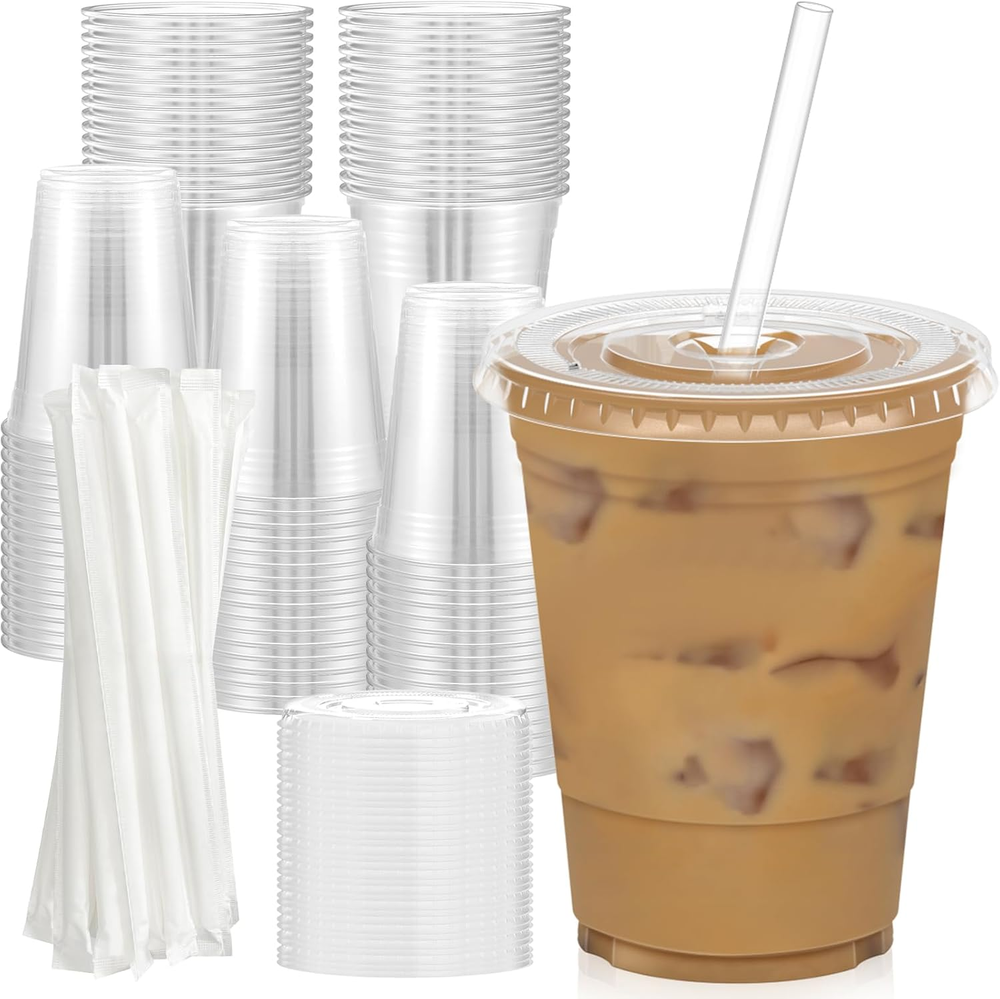 100 Pack - 16oz Clear Disposable Plastic Cups with Lids & Straws for Drinks & Ice