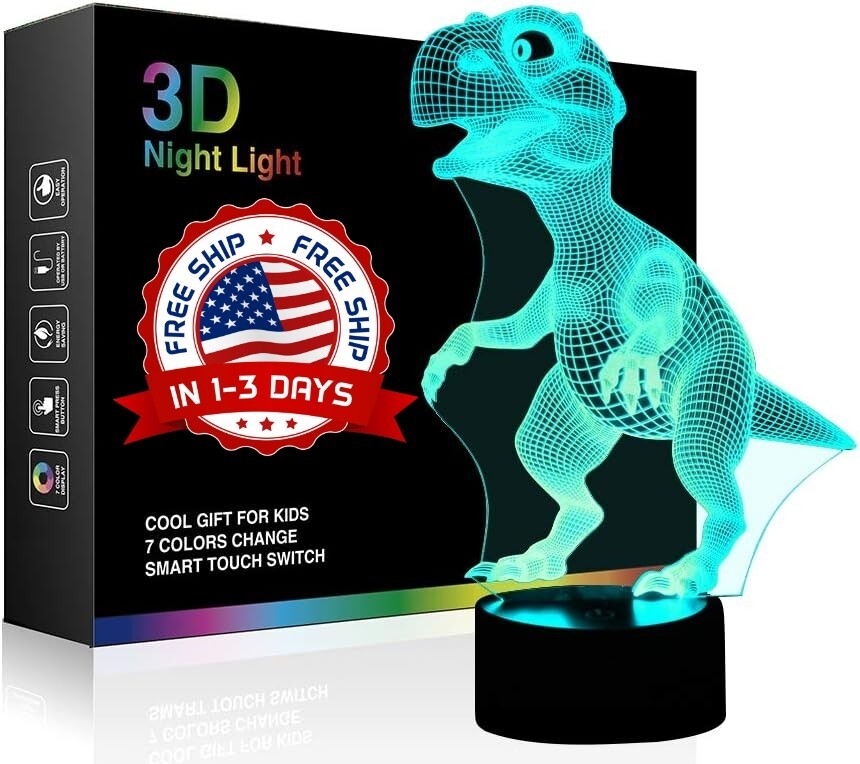 Luz Para Cama De Niños De Dinosaurio 3D Niño Dinosaur Lamp Light Boys Room Toys.