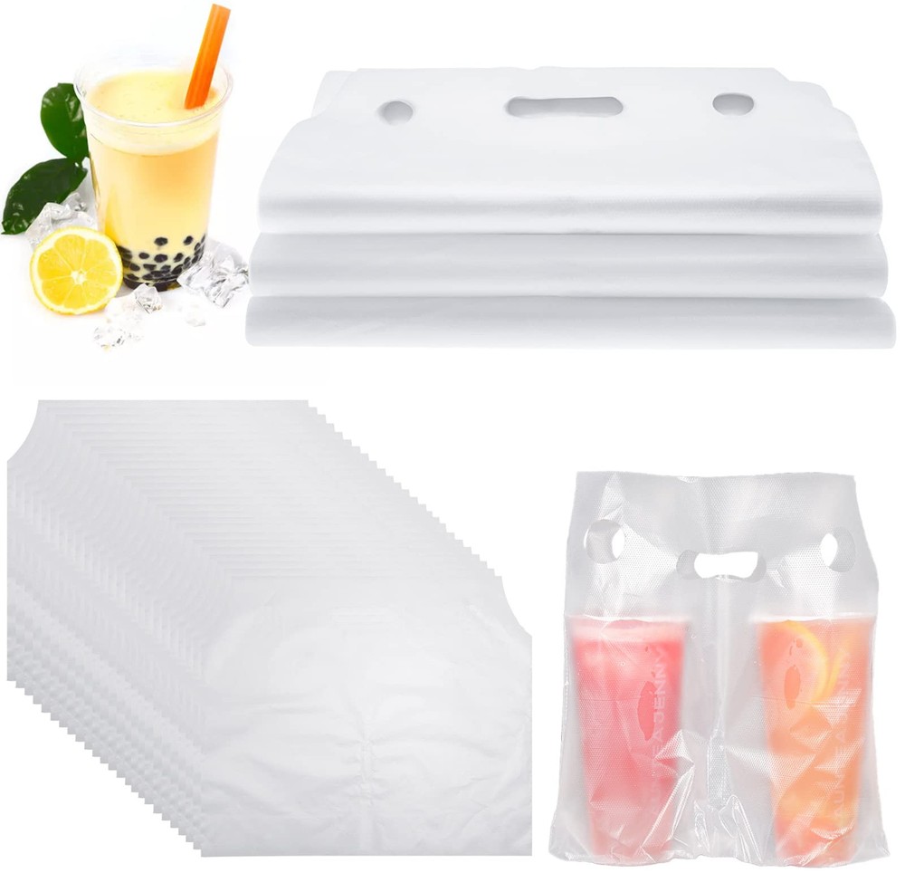 300 Counts Handle Drinking Poly Bags, 2 Cup Plastic Handle Drink Carriers 12 ...